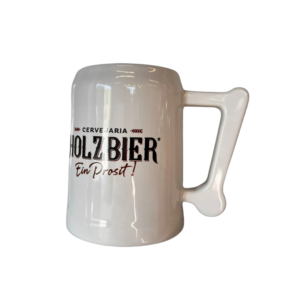 Caneca de cerâmica Holzbier branca com alça e logotipo estampado