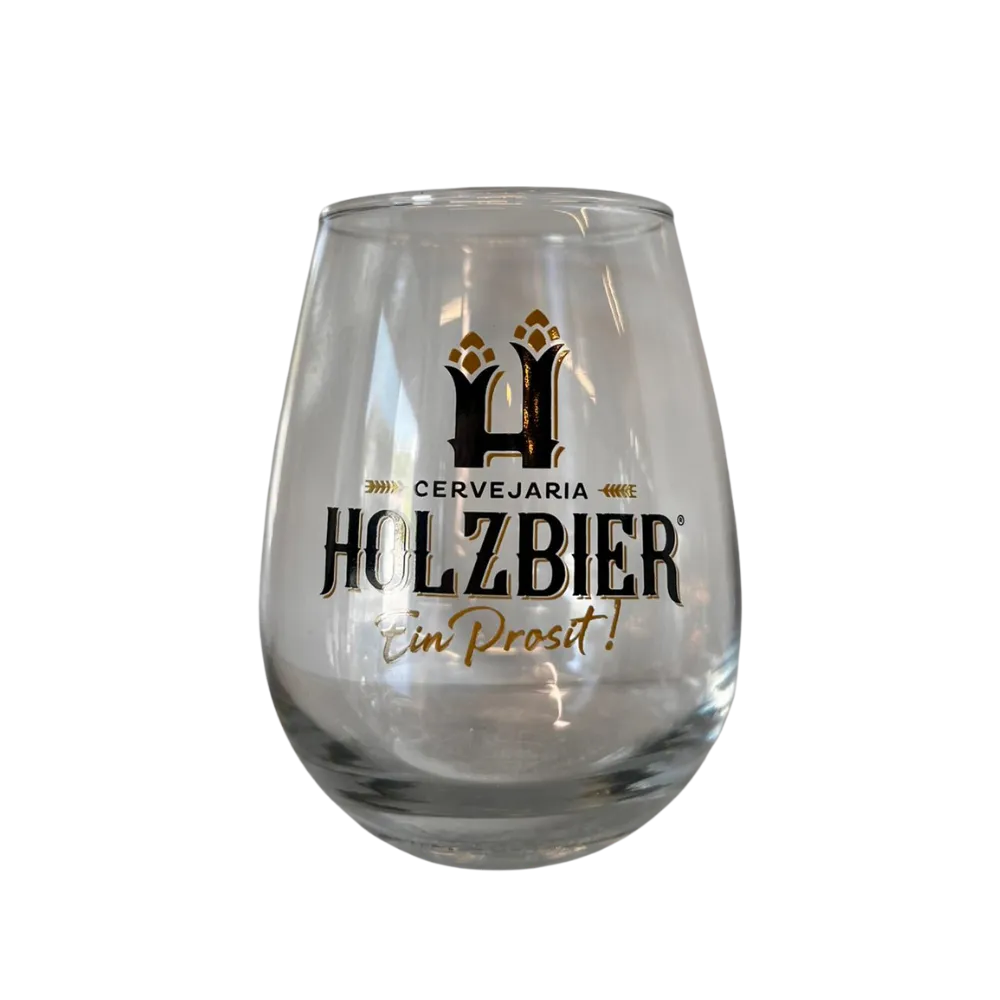 Copo de água Holzbier em vidro arredondado com logo estampado