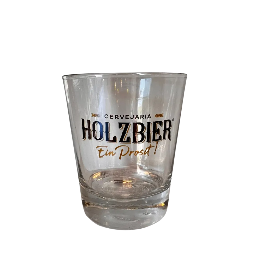 Copo Old Fashioned Holzbier em vidro baixo e espesso com logo estampado