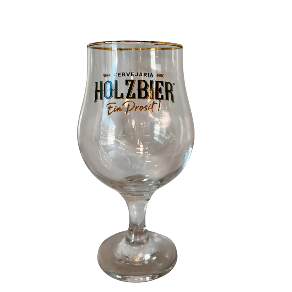 Taça Bélgica Holzbier de vidro com borda dourada e logo estampado