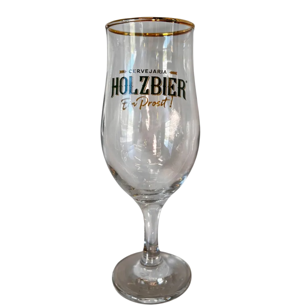 Taça Berlim Holzbier de vidro com borda dourada e logo estampado